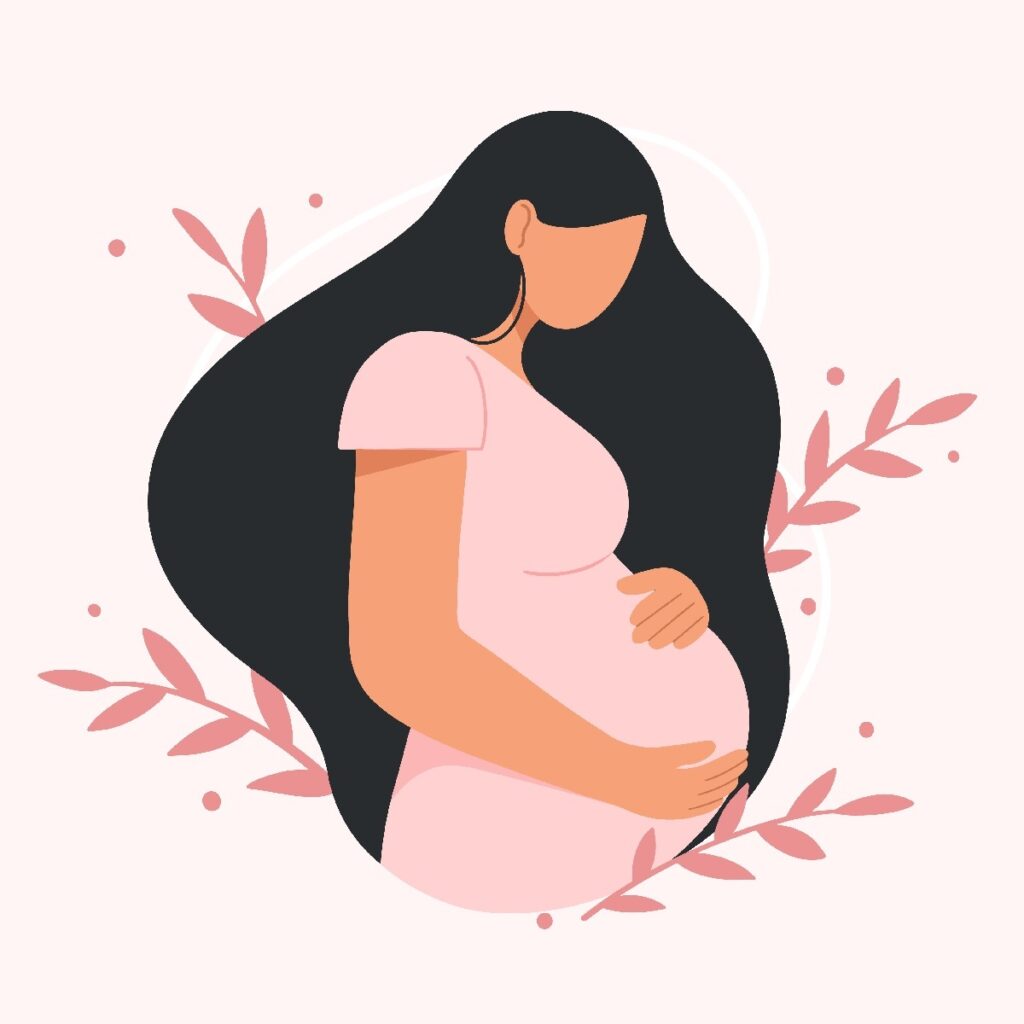 Ilustración de una mujer embarazada que sostiene su vientre, rodeada de ramas decorativas