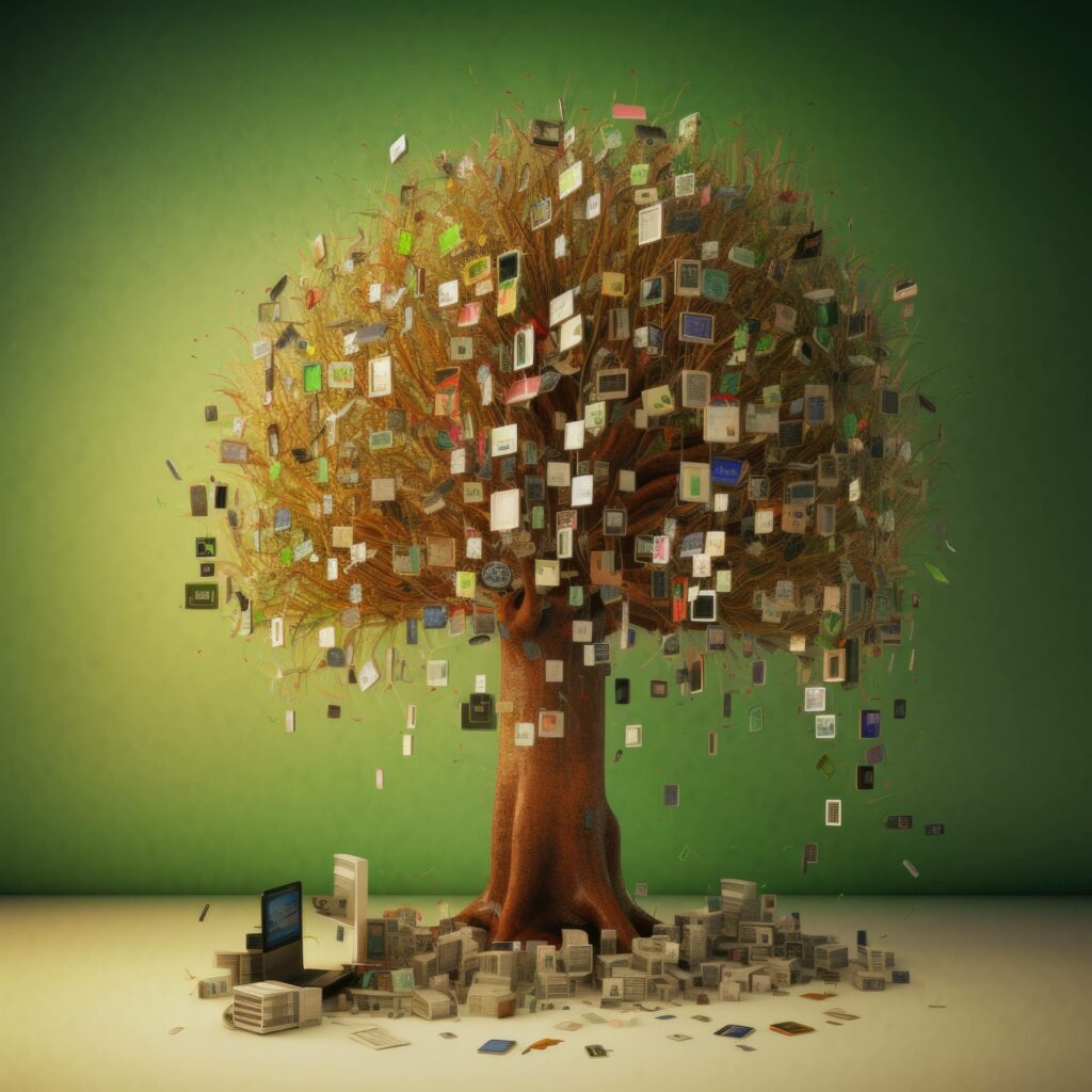 Un árbol surrealista con ramas cubiertas de pantallas, tarjetas y otros dispositivos, rodeado de aparatos electrónicos en el suelo.
