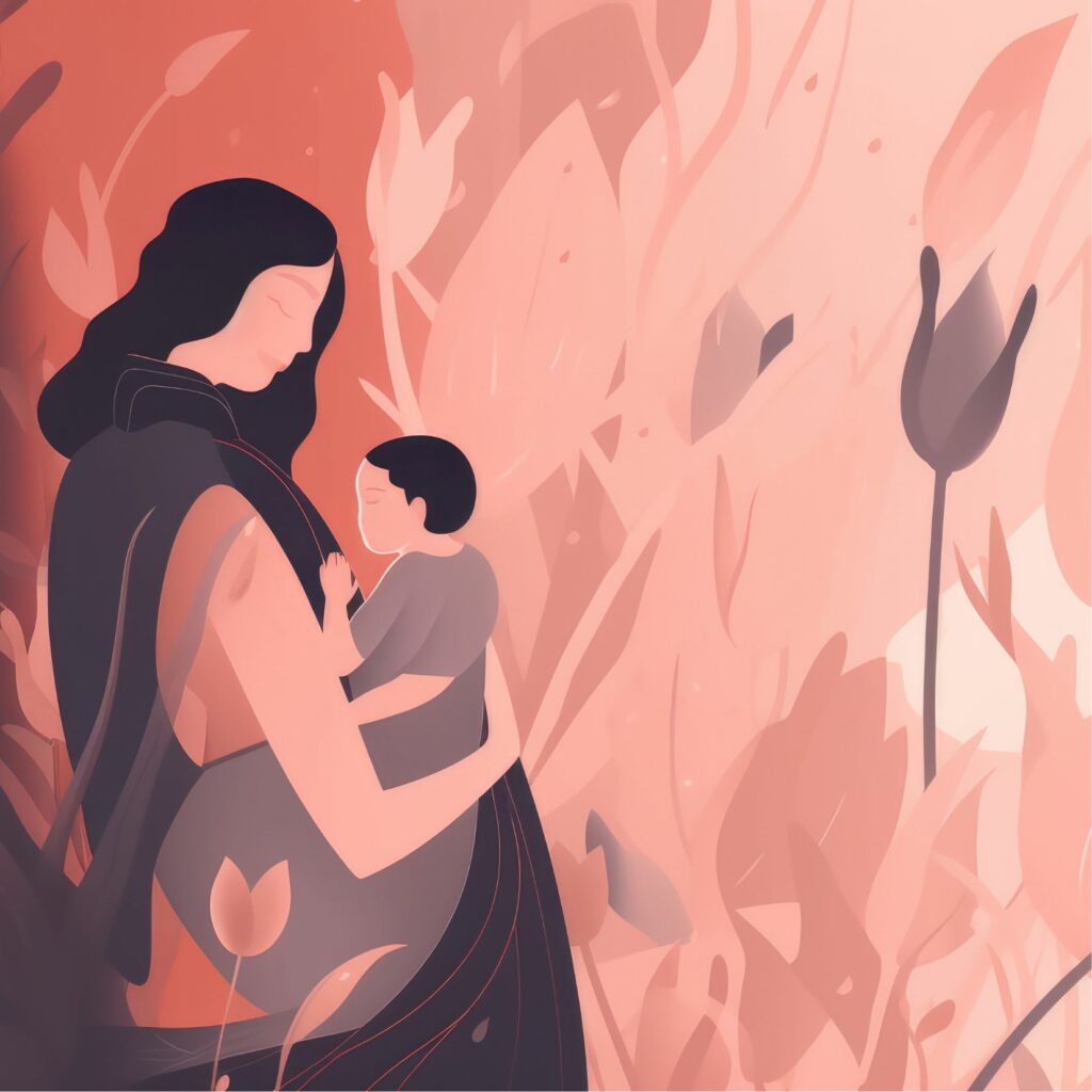 Ilustración de una madre con su bebé en brazos, rodeados de plantas estilizadas en tonos rosados.