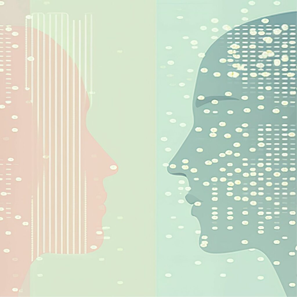 Dos perfiles ilustrados se miran, uno rosa y otro turquesa, con patrones de líneas y puntos.