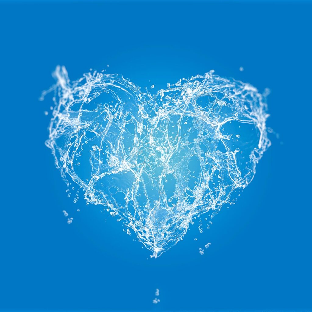 Salpicón de agua con forma de corazón sobre fondo azul