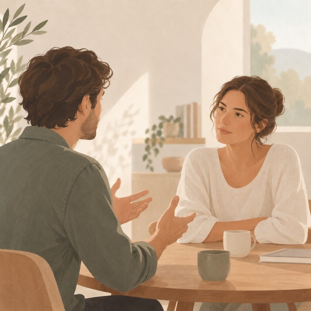 Ilustración de una mujer que escucha a un hombre mientras conversan sentados a una mesa.